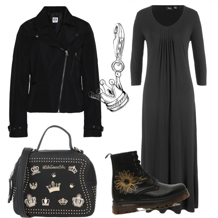 Outfit donna - Sabato in libertà. Stile Urban per Tutti i giorni. Abbinamento con vestiti lunghi, cappotti, borse a mano, anfibi, ciondoli.