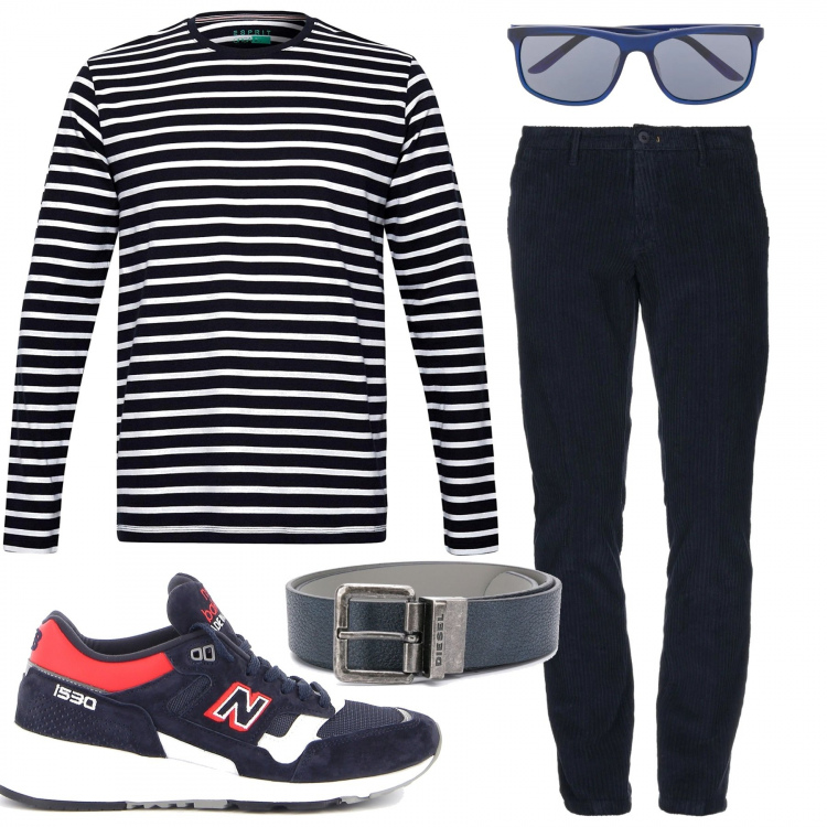 Outfit uomo - Un brunch in città. Stile Trendy per Tutti i giorni. Abbinamento con pantaloni, cinture, occhiali da sole, sneakers, pullovers.