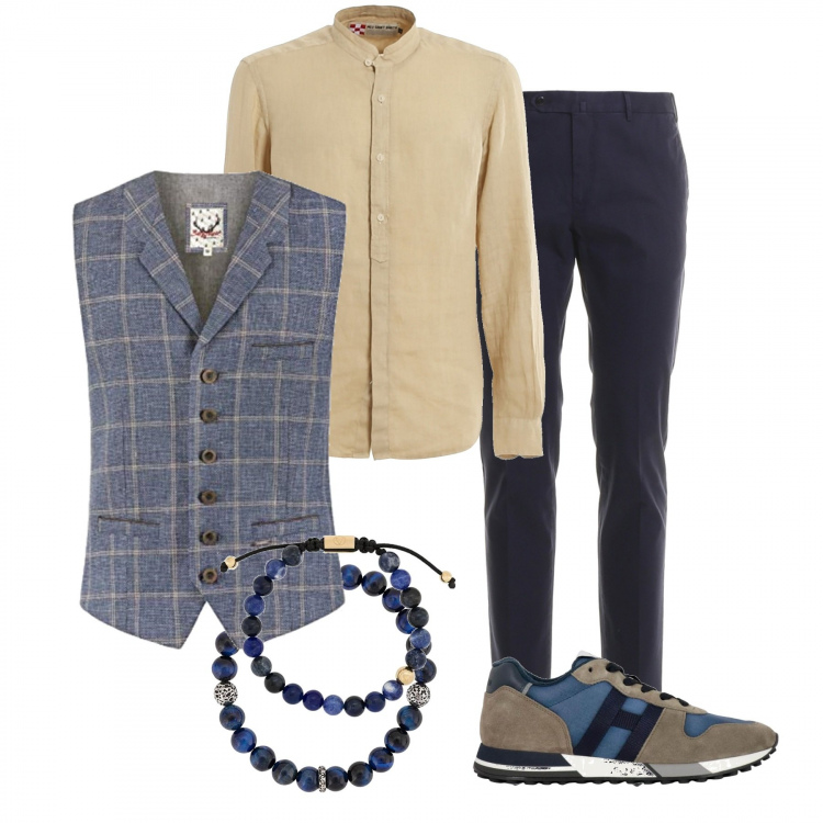 Outfit uomo - Al lavoro.. Stile Trendy per Ufficio. Abbinamento con braccialetti, braccialetti, gilet, pantaloni, camicie, sneakers.