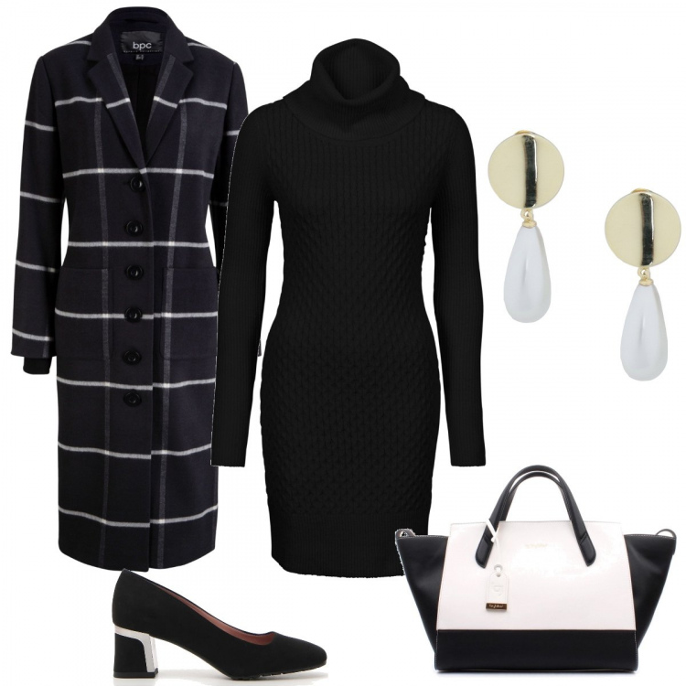 Outfit donna - Intramontabile black and white. Stile Chic per Tutti i giorni. Abbinamento con vestiti, cappotti, orecchini, borse a mano, décolleté.