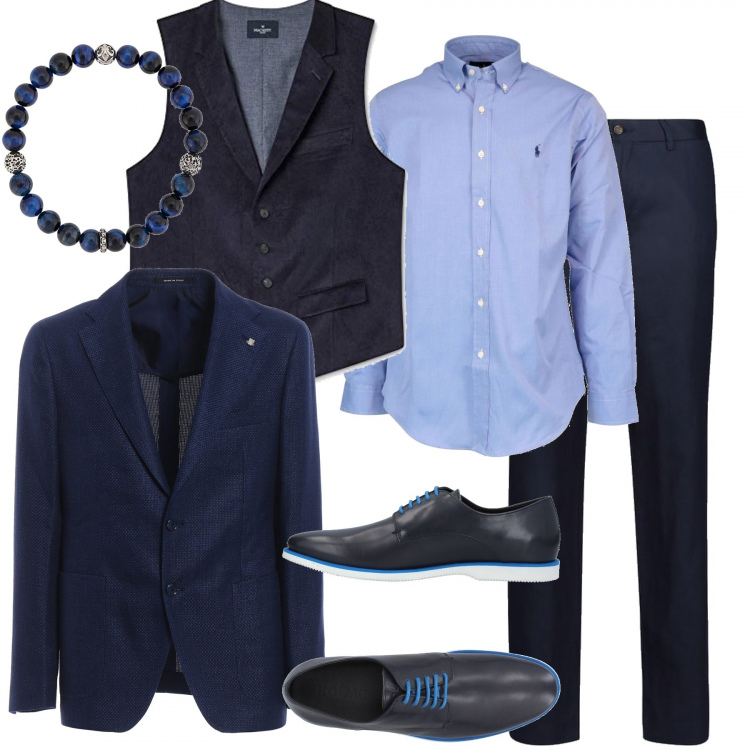 Outfit uomo - Look con toni blu.. Stile Trendy Abbinamento con braccialetti, scarpe stringate, pantaloni, giacche, gilet, camicie.