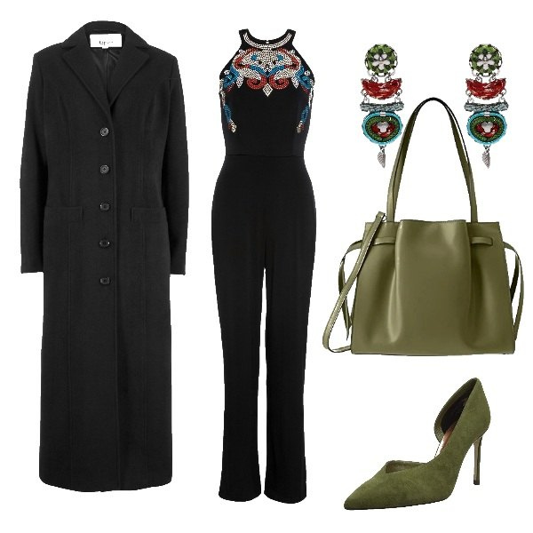 Outfit donna - Serata curvy in verde. Stile Chic per Serata fuori. Abbinamento con cappotti, tute, orecchini, scarpe col tacco, borse a spalla.