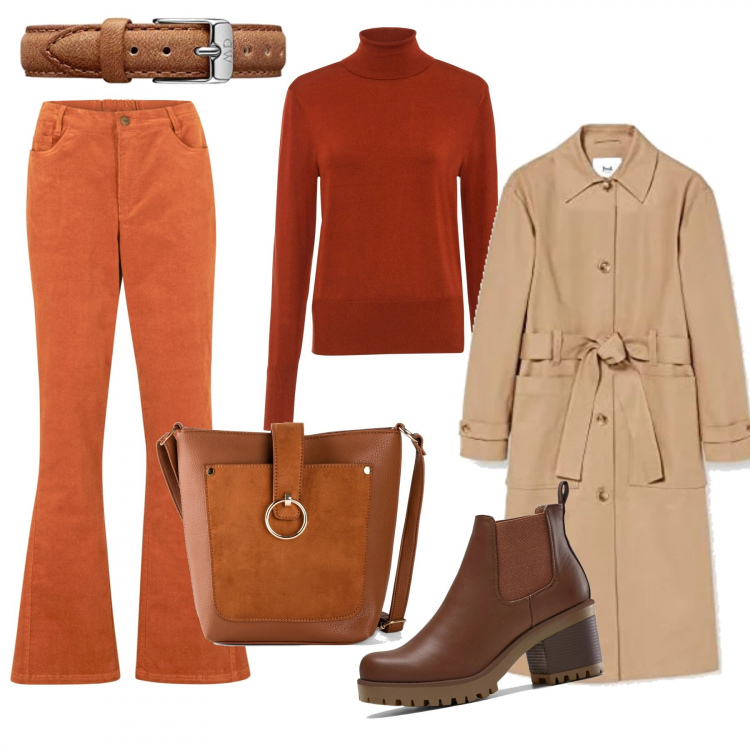 Outfit donna - Colori d\'autunno. Stile Bon Ton per Tutti i giorni. Abbinamento con stivaletti chelsea, pantaloni, maglioni, borse a tracolla, trench, orologi.