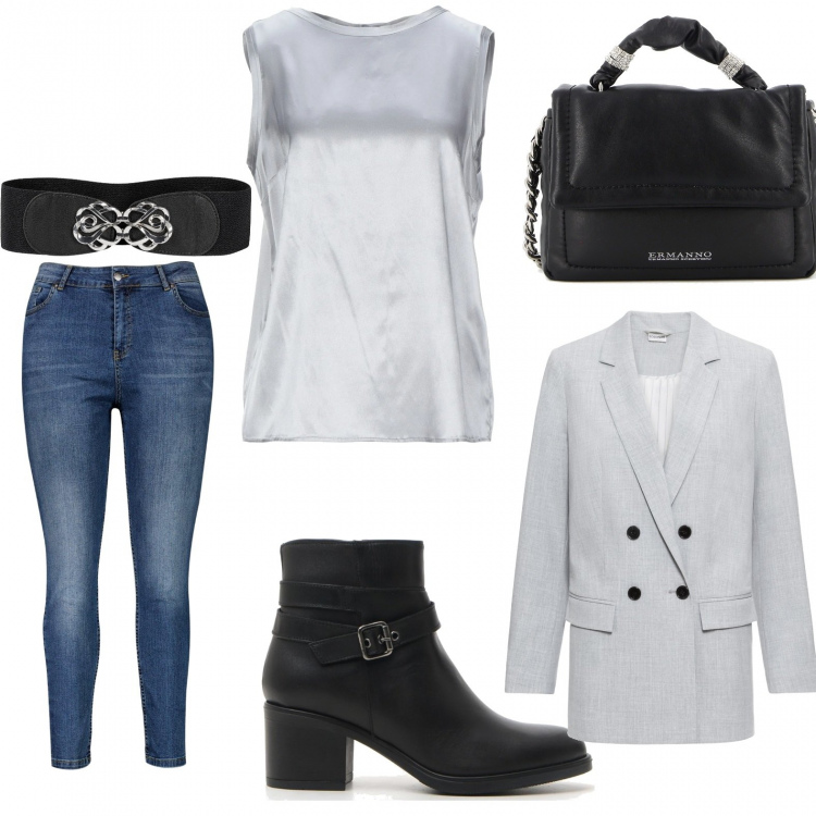 Outfit donna - Comoda ma trendy. Stile Basic per Ufficio. Abbinamento con cinture, blazer, top, jeans skinny, stivaletti, borse a mano.