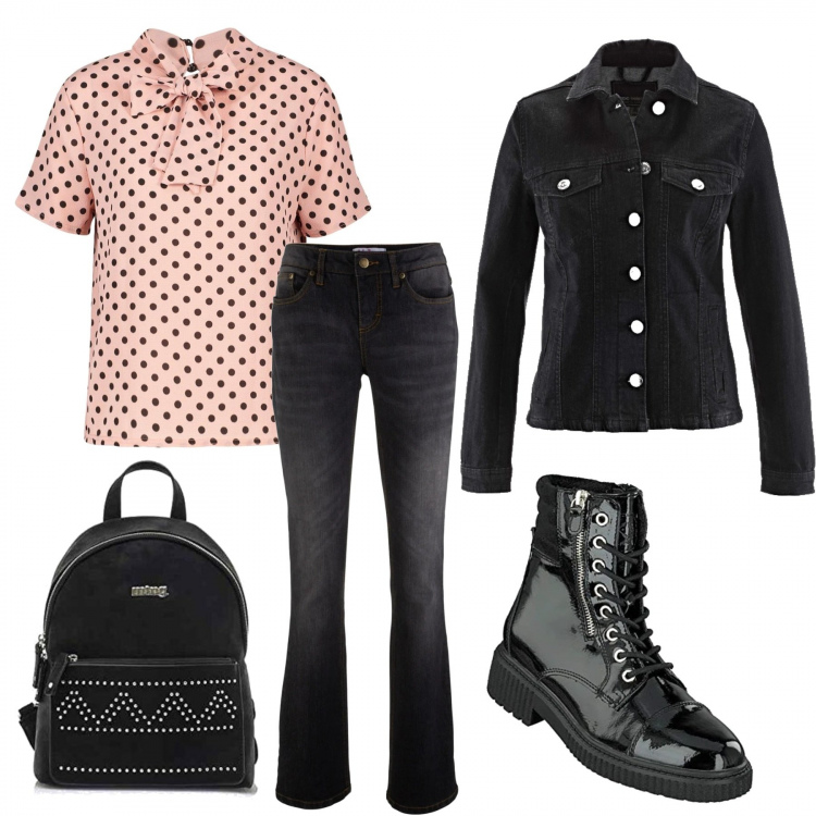 Outfit donna - Basic #39012. Stile Basic per Scuola/Università. Abbinamento con jeans bootcut, blazer, camicie a manica corta, stivali, zaini.
