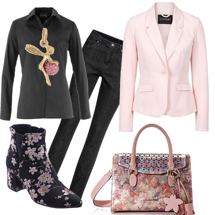 Outfit donna - Stile in ufficio. Stile Basic per Ufficio. Abbinamento con blazer, camicie, stivaletti, jeans, collane, borse a mano.