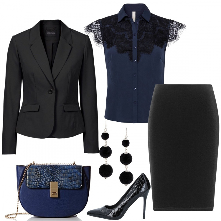 Outfit donna - Blu e nero in sintonia. Stile Chic per Serata fuori. Abbinamento con décolleté, blazer, camicie, orecchini, gonne longuette, borse a tracolla.