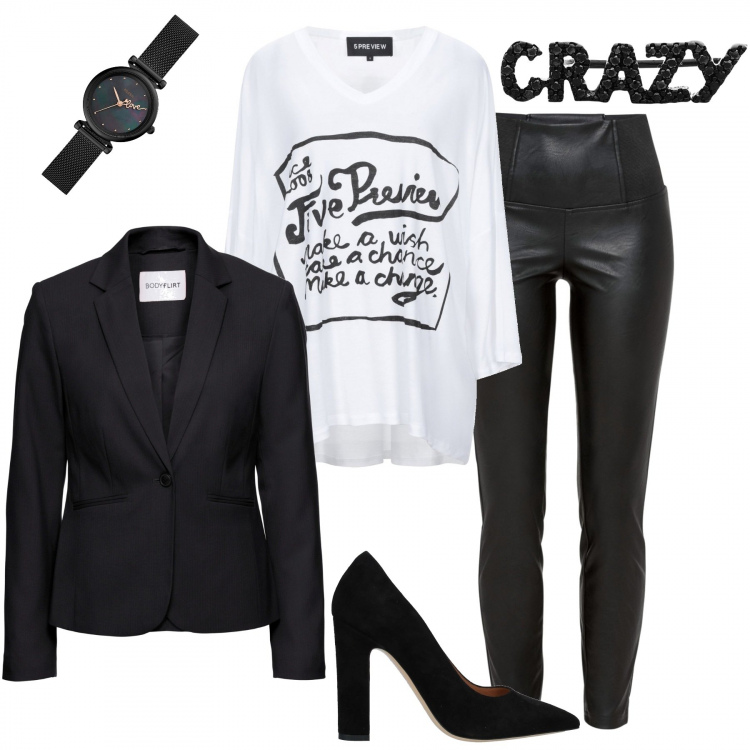 Outfit donna - Crazy.. Stile Rock per Tutti i giorni. Abbinamento con t-shirt, orecchini, orologi, décolleté, reggiseni, blazer.