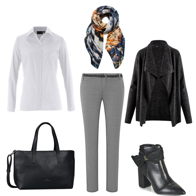 Outfit donna - Lo stile ufficio. Stile Basic per Ufficio. Abbinamento con camicie, stivaletti, pantaloni, cardigans, borse tote, sciarpe.