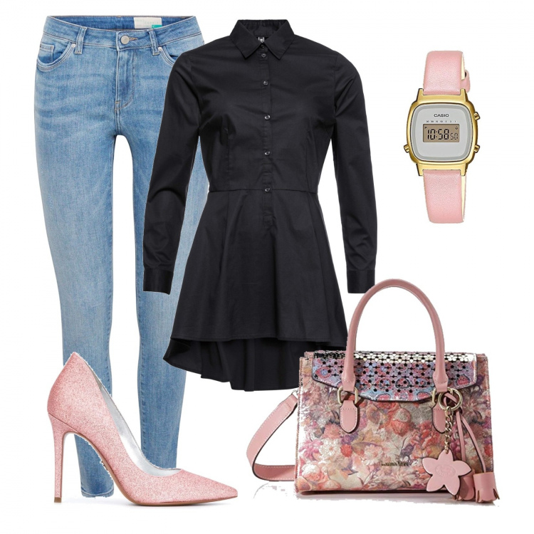 Outfit donna - Cheoresono. Stile Basic per Tutti i giorni. Abbinamento con camicie, décolleté, borse a mano, jeans skinny, orologi digitali.