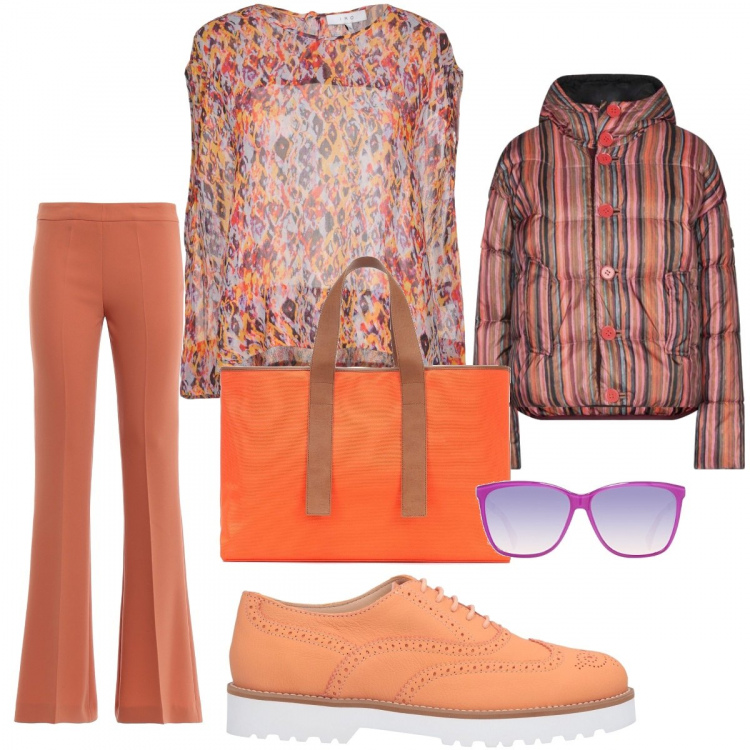 Outfit donna - Urban #25769. Stile Urban per Tutti i giorni. Abbinamento con scarpe stringate, piumini, bluse, occhiali da sole, pantaloni, borse tote.