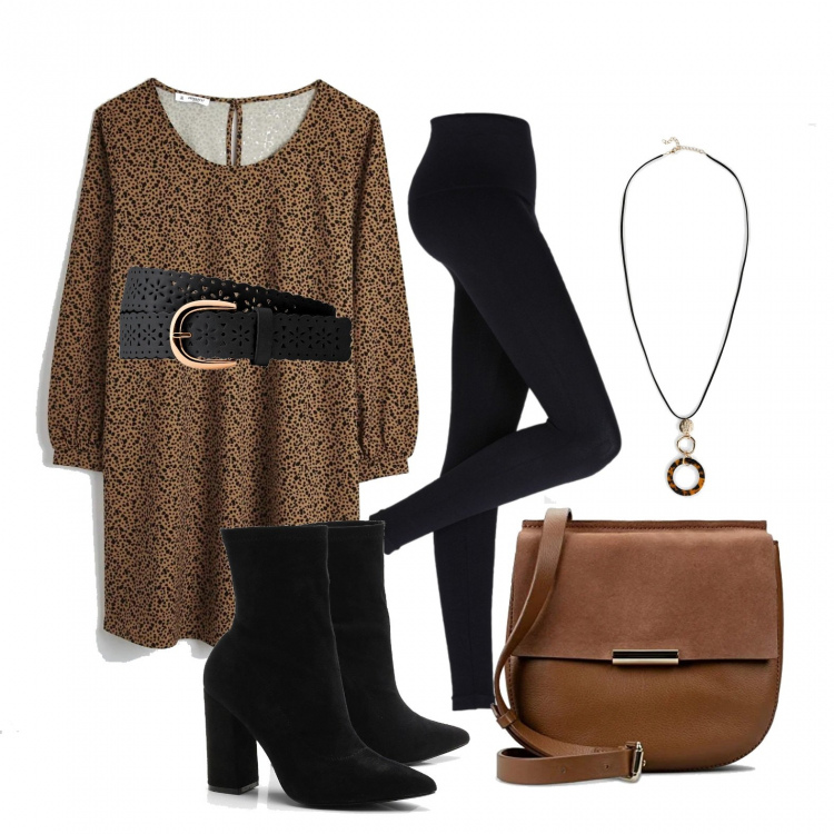 Outfit donna - Legging e vestito ampio, a tutto trend!. Stile Trendy per Tutti i giorni. Abbinamento con leggings, cinture, collane, vestiti, stivali, borse a spalla.