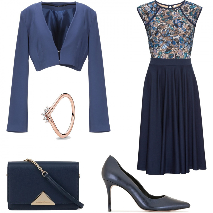 Outfit donna - Battesimo. Stile Chic per Cerimonia. Abbinamento con vestiti midi/longuette, blazer, décolleté, borse a tracolla, anelli.