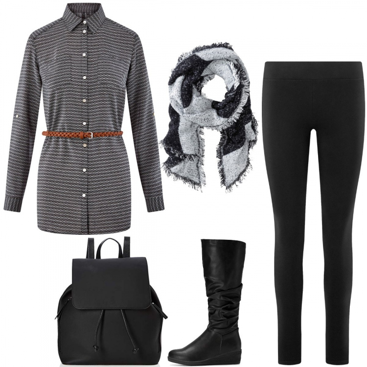 Outfit donna - Leggins e stivali con zeppetta. Stile Basic per Tutti i giorni. Abbinamento con sciarpe, stivali, tuniche, leggings, zaini.