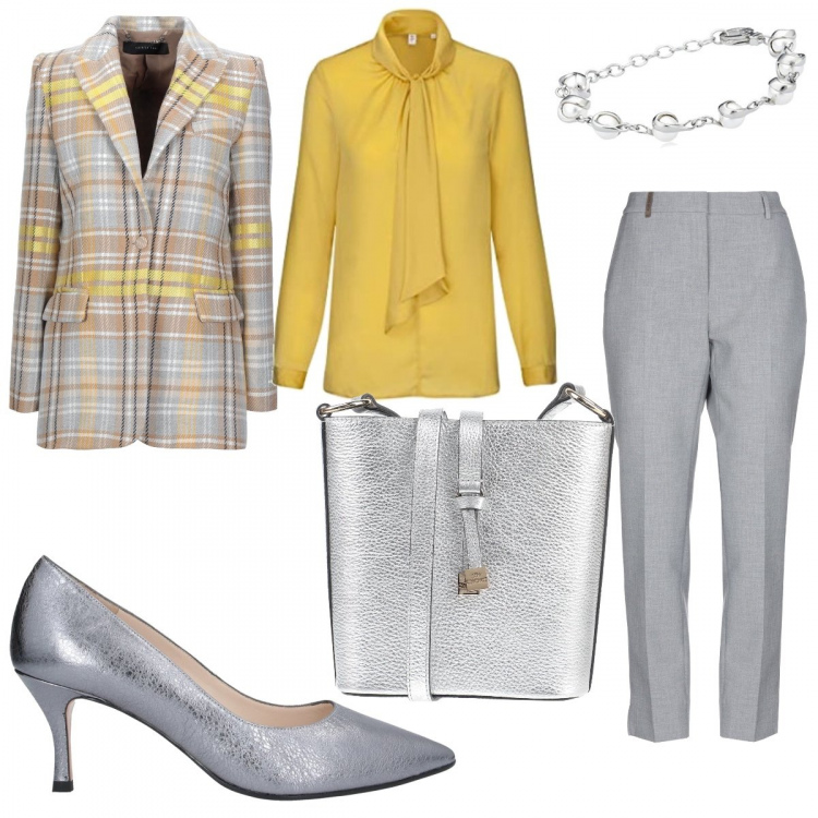 Outfit donna - In ufficio con un po’ di colore. Stile Trendy per Ufficio. Abbinamento con pantaloni, blazer, décolleté, borse a tracolla, braccialetti, bluse.