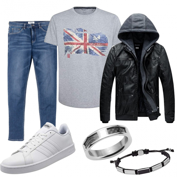 Outfit uomo - For all days. Stile Urban per Tutti i giorni. Abbinamento con jeans, giacche, t-shirt, sneakers, anelli, braccialetti.