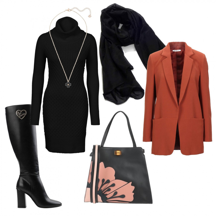 Outfit donna - Bon Ton #29257. Stile Bon Ton per Ufficio. Abbinamento con vestiti, stivali, blazer, borse a mano, sciarpe, ciondoli.