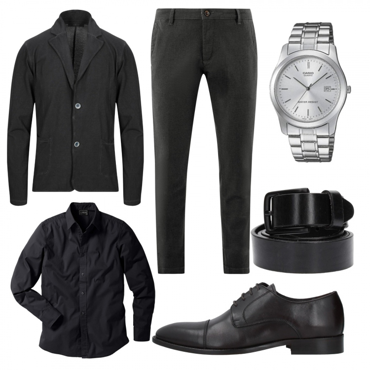 Outfit uomo - Eleganza low cost. Stile Business/Elegante per Serata speciale. Abbinamento con camicie, giacche, scarpe stringate, cinture, pantaloni chino, orologi analogici.