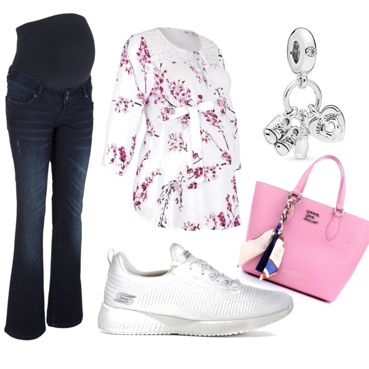 Outfit donna - Pink is good mom version. Stile Bon Ton per Tutti i giorni. look ideale per Premaman. Abbinamento con bluse, sneakers, jeans bootcut, shopping bag, ciondoli.