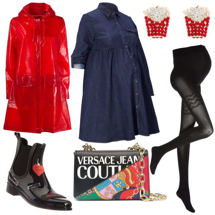 Outfit donna - Premaman in Autunno. Stile Urban per Tutti i giorni. look ideale per Premaman. Abbinamento con collant, vestiti, trench, borse a spalla, orecchini, stivaletti.