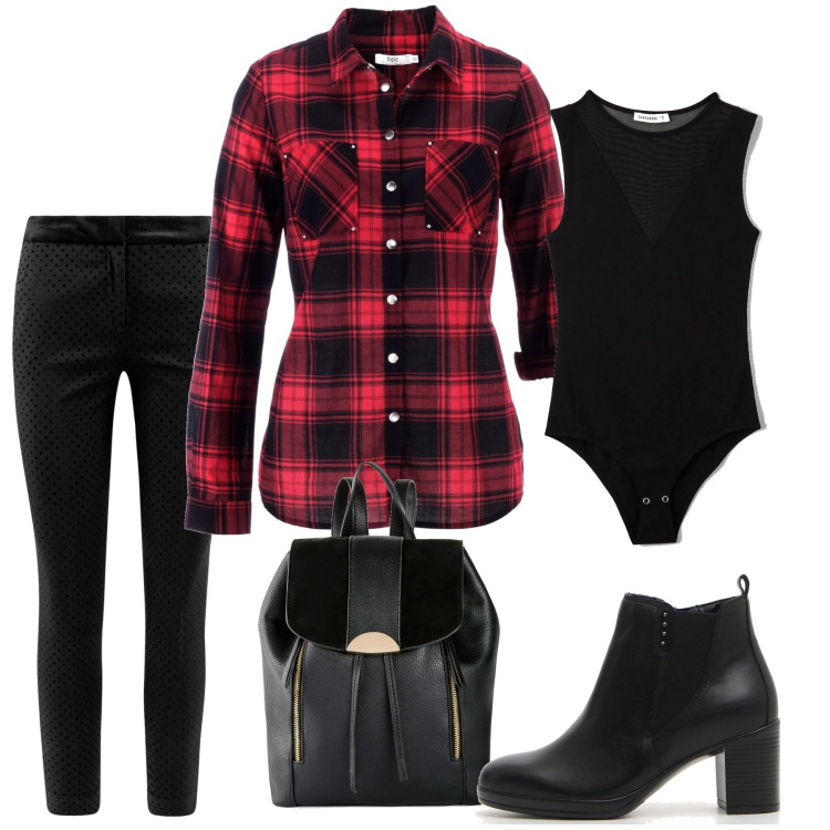 Outfit donna - Trendy #70236. Stile Trendy per Tutti i giorni. Abbinamento con camicie, zaini, body, pantaloni, stivaletti.
