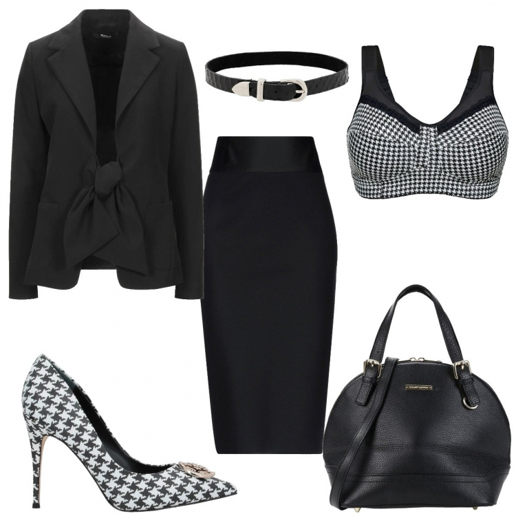 Outfit donna - Sexy in nero e pied de poule. Stile Sexy per Serata fuori. Abbinamento con borse a mano, blazer, gonne longuette, décolleté, reggiseni, collane.