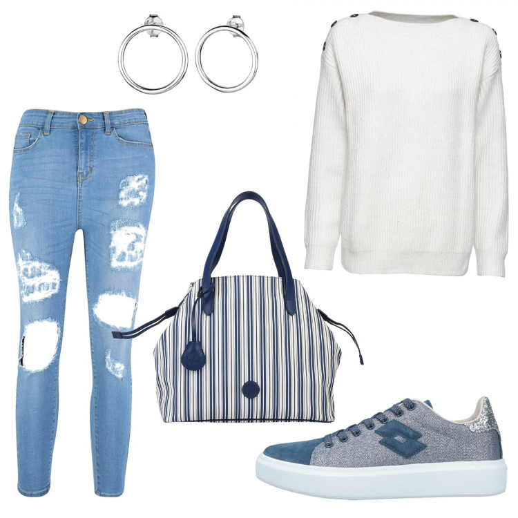 Outfit donna - Jeans stracciati. Stile Basic per Tutti i giorni. Abbinamento con maglieria, borse a mano, sneakers, jeans skinny, orecchini.