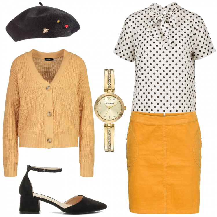 Outfit donna - Una camicia a pois. Stile Trendy per Tutti i giorni. Abbinamento con cappelli e berretti, gonne, cardigans, camicie a manica corta, ballerine, orologi analogici.