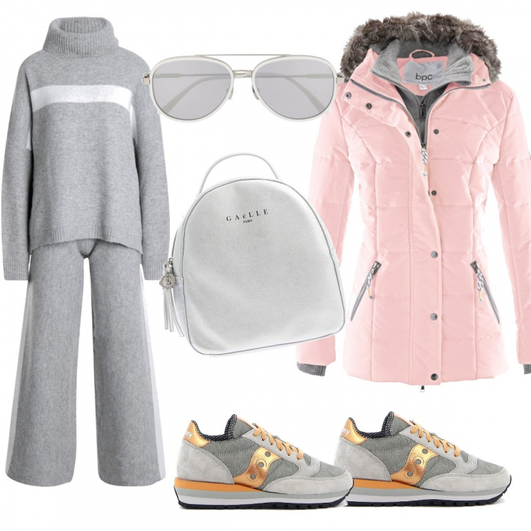 Outfit donna - Rosa e coraggio in comodità. Stile Trendy per Tutti i giorni. Abbinamento con piumini, pullovers, occhiali da sole, sneakers, zaini.