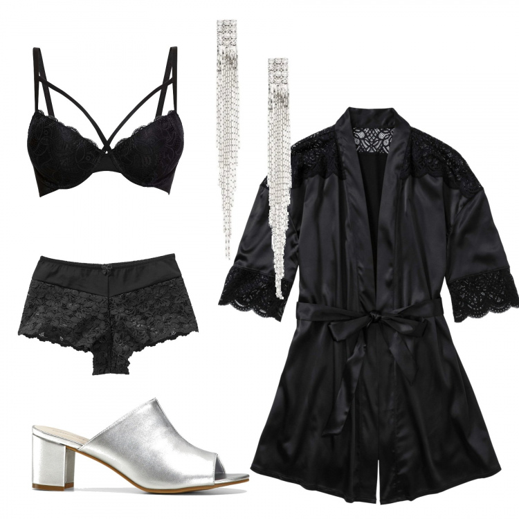 Outfit donna - Notti romantiche ️. Stile Chic per Serata fuori. Abbinamento con culotte, orecchini, kimono, reggiseni, ciabatte.