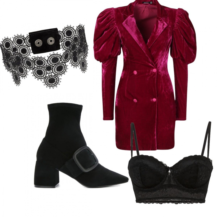 Outfit donna - The Vamp Woman. Stile Sexy per Serata fuori. Abbinamento con reggiseni a balconcino, vestiti, collane, stivaletti.