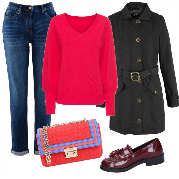 Outfit donna - Tutti i giorni low-cost - curvy. Stile Basic per Tutti i giorni. Abbinamento con jeans boyfriend, maglieria, trench, borse a tracolla, mocassini.
