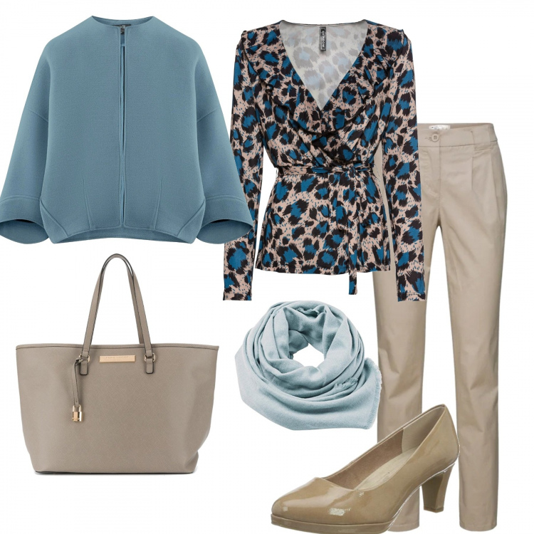 Outfit donna - Inizia a fare freddo. Stile Chic per Ufficio. Abbinamento con maglieria, pantaloni chino, shopping bag, blazer, scarpe col tacco, sciarpe.