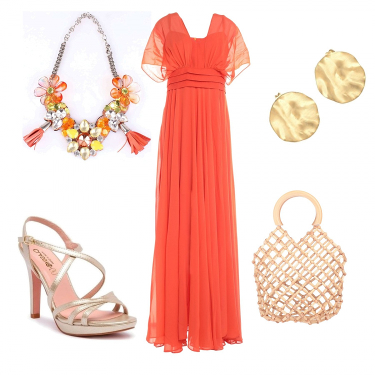 Outfit mujer - Fiesta en la plays. Estilo Étnico para Ceremonia. Combinación con pendientes, sandalias de tacón, collares, vestidos largos, bolsos de mano.