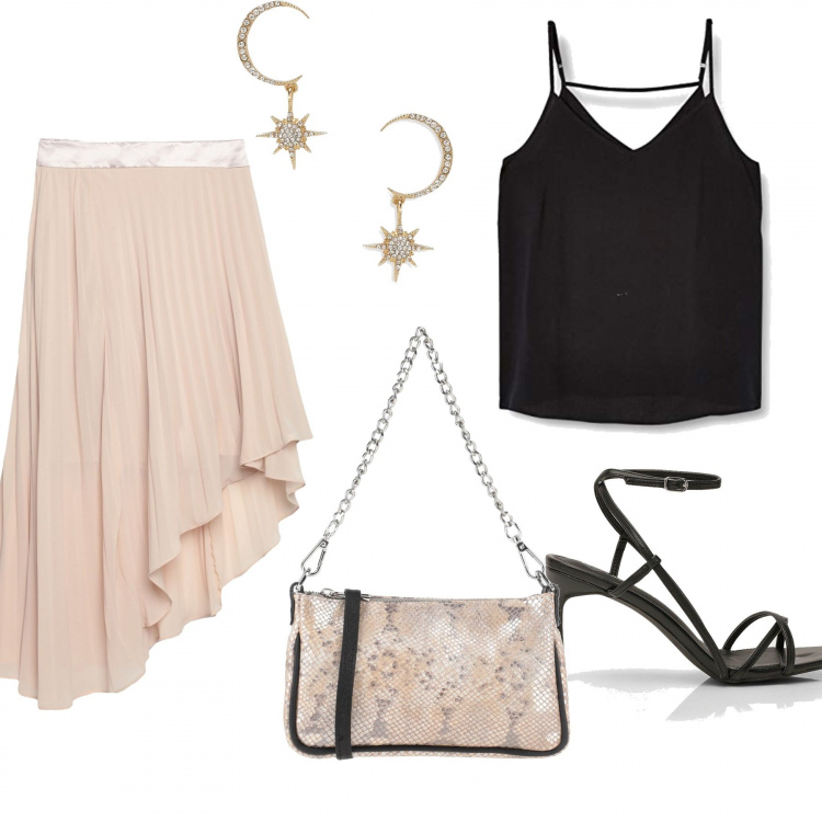 Outfit mujer - Lunch estival. Estilo Chic para Ceremonia. Combinación con camisetas sin mangas, falda longuette, pendientes, bolsos de mano, sandalias de tacón.