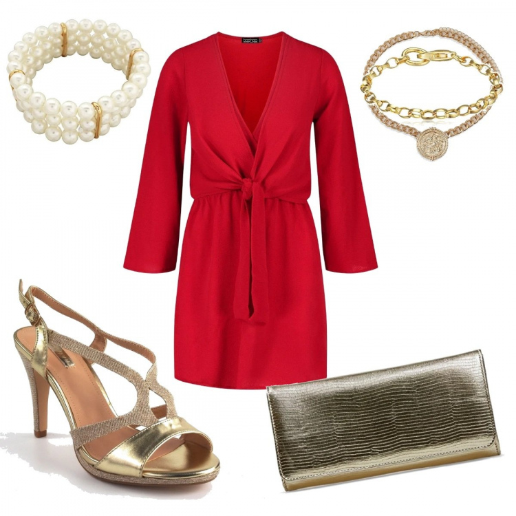 Outfit mujer - Dorado Chic. Estilo Sexy para Noche/Fiesta elegante. Combinación con clutch, colgantes, pulseras, sandalias, vestidos, collares.