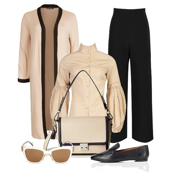 Outfit donna - Crema e nero al lavoro. Stile Trendy per Ufficio. Abbinamento con camicie, pantaloni, camicie, mocassini, borse a mano, occhiali da sole.