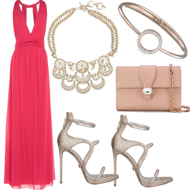Outfit mujer - Vestido monocolor + collar XL. Estilo Chic para Ceremonia. Combinación con pulseras, vestidos largos, sandalias de tacón, bolsos de mano, collares.