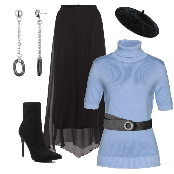 Outfit donna - Dior low cost. Stile Trendy per Serata fuori. Abbinamento con gonne lunghe, maglioni, stivaletti, cinture, berretti, orecchini.