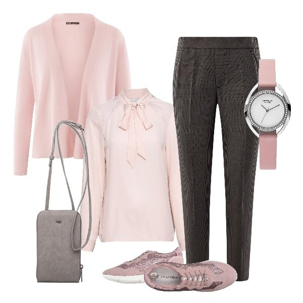 Outfit donna - Per chi di rosa osa. Stile Trendy per Ufficio. Abbinamento con sneakers, camicie, pantaloni, cardigans, borse a tracolla, orologi analogici.