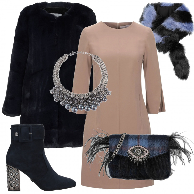 Outfit donna - Trendy #70522. Stile Trendy per Ufficio. Abbinamento con vestiti corti, cappotti, stivaletti, borse a mano, collane, sciarpe.