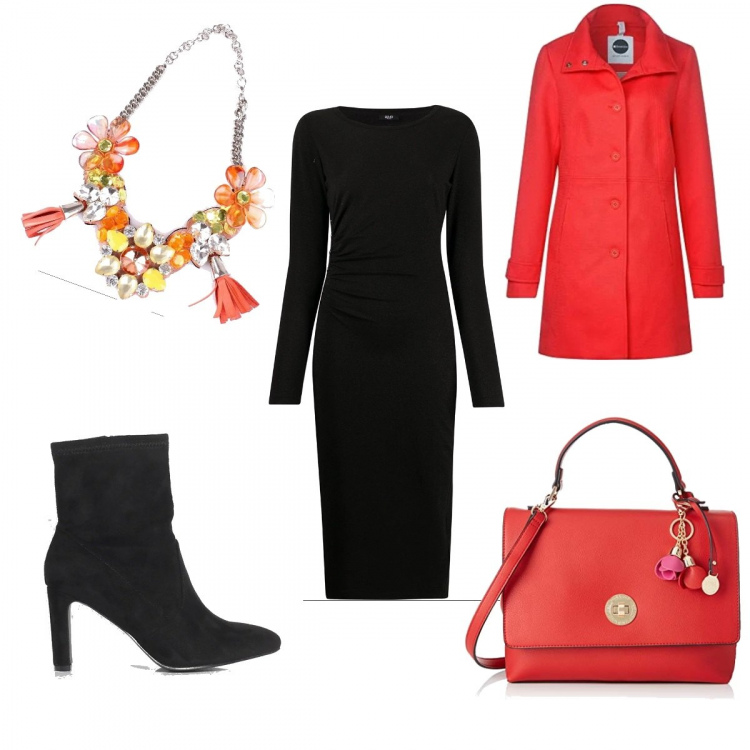 Outfit donna - Orange&black. Stile Urban per Serata fuori. Abbinamento con stivaletti, collane, vestiti midi/longuette, cappotti, borse a secchiello.