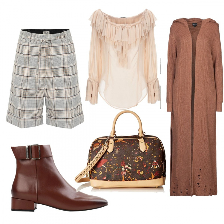 Outfit donna - Colori caldi. Stile Urban per Tutti i giorni. Abbinamento con stivaletti, bluse, cardigans, borse a mano, bermuda.