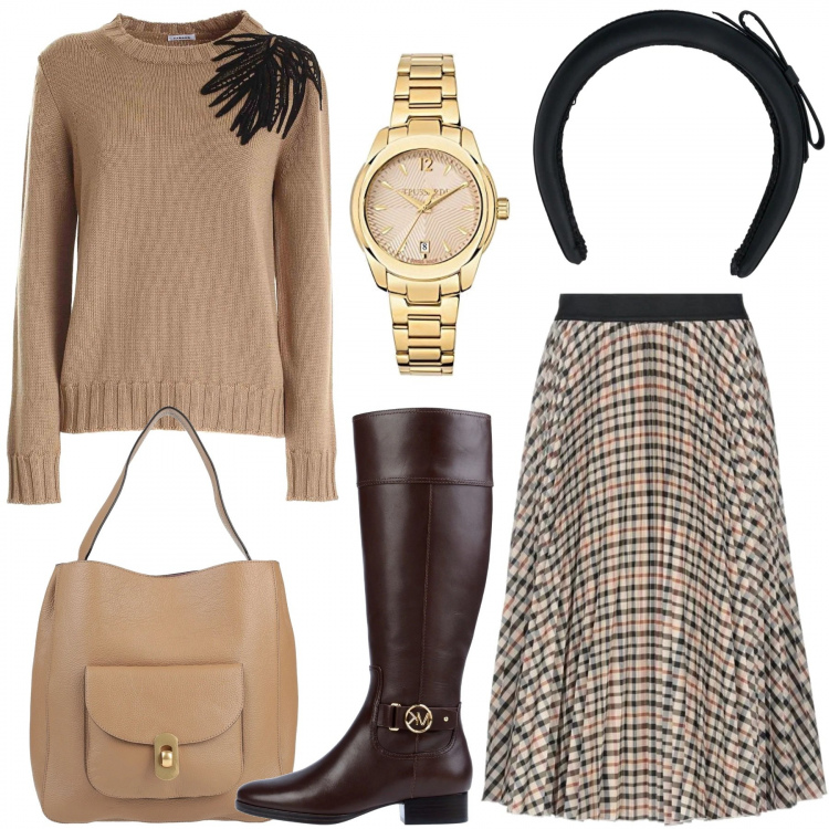 Outfit donna - La gonna plissé. Stile Chic per Tutti i giorni. Abbinamento con stivali, gonne longuette, borse a mano, cerchietti, pullovers, orologi analogici.