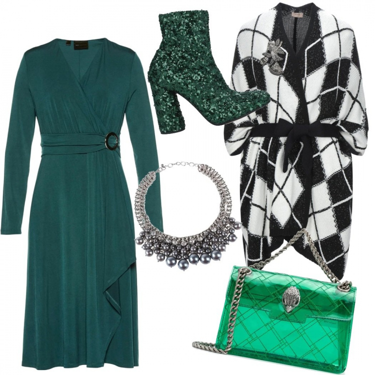 Outfit donna - L\'abito midi+collana - curvy. Stile Trendy per Tutti i giorni. Abbinamento con vestiti, cardigans, collane, stivaletti, borse a tracolla.