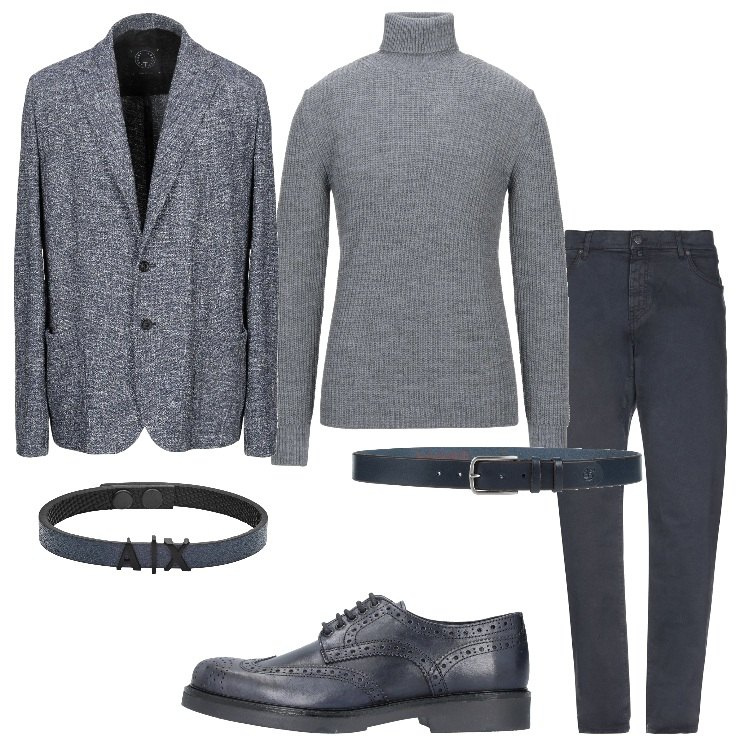 Outfit uomo - Dolcevita e giacca. Stile Business/Elegante per Ufficio. Abbinamento con pantaloni, giacche, pullovers, scarpe stringate, braccialetti, cinture.