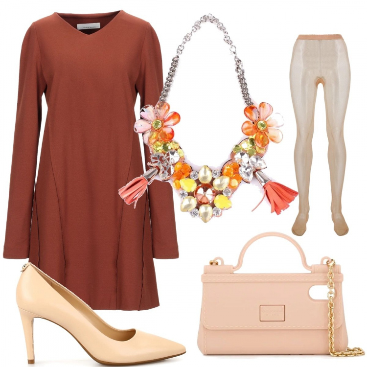 Outfit donna - Ci basta una collana statement. Stile Trendy per Tutti i giorni. Abbinamento con vestiti corti, collane, borse a mano, collant, décolleté.