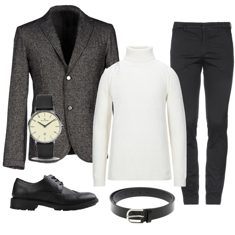 Outfit uomo - Dolcevita+giacca. Stile Casual per Ufficio. Abbinamento con giacche, pantaloni, pullovers, scarpe stringate, orologi analogici, cinture.