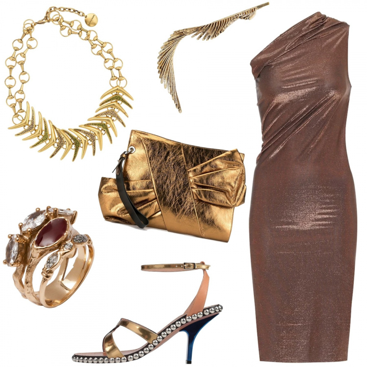 Outfit donna - Metti una sera a cena.... Stile Trendy per Serata fuori. Abbinamento con anelli, accessori per capelli, sandali in pelle, collane, clutch, vestiti asimmetrici.