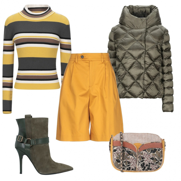 Outfit donna - Il bermuda. Stile Trendy per Tutti i giorni. Abbinamento con piumini, bermuda, pullovers, stivaletti, borse a spalla.